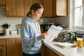Adolescente consultant son emploi du temps de semaine impaire dans une cuisine le matin avant l'école