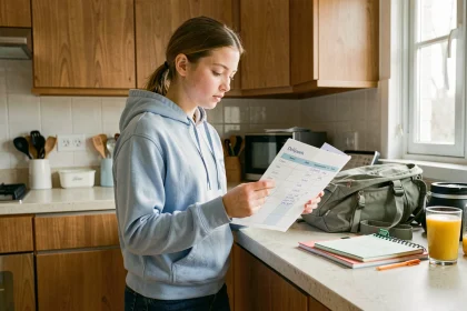 Adolescente consultant son emploi du temps de semaine impaire dans une cuisine le matin avant l'école