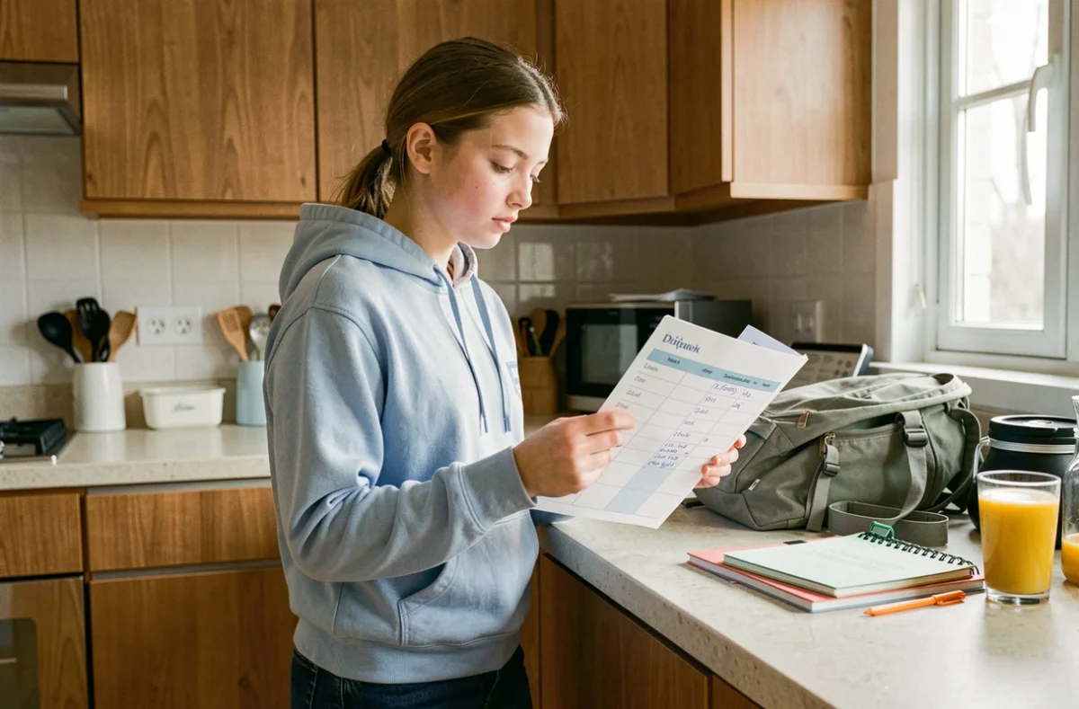 Adolescente consultant son emploi du temps de semaine impaire dans une cuisine le matin avant l'école
