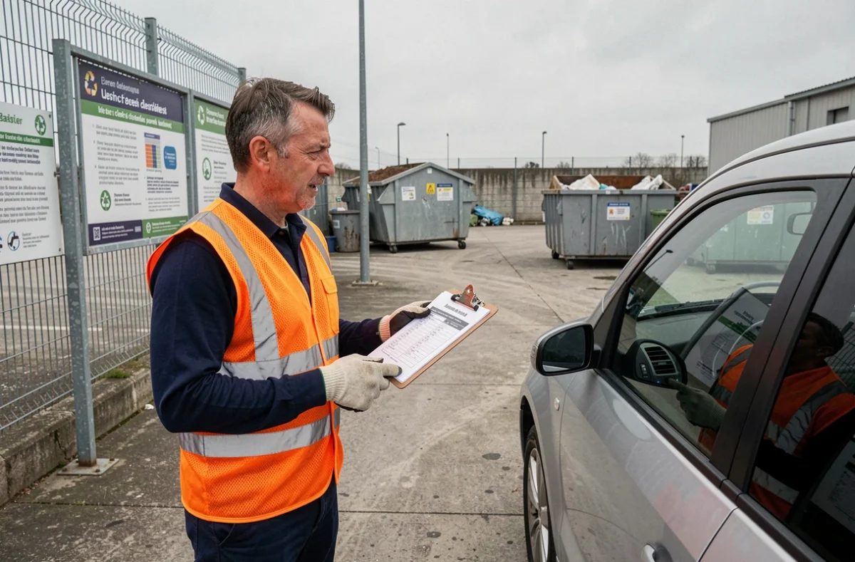 Agent de déchetterie vérifiant la conformité des déchets apportés par un usager à l'entrée du site