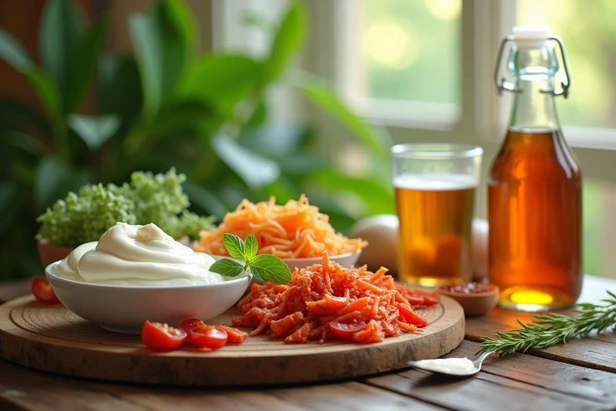 Assortiment d aliments probiotiques sur une table en bois avec plantes vertes