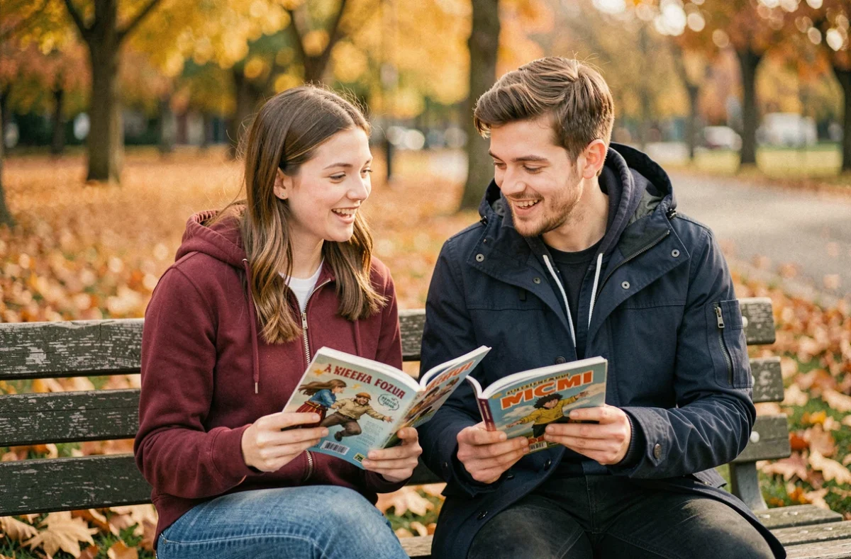 Deux jeunes lecteurs partageant leur passion des mangas sur un banc de parc en automne, évoquant la communauté des grands lecteurs de scans