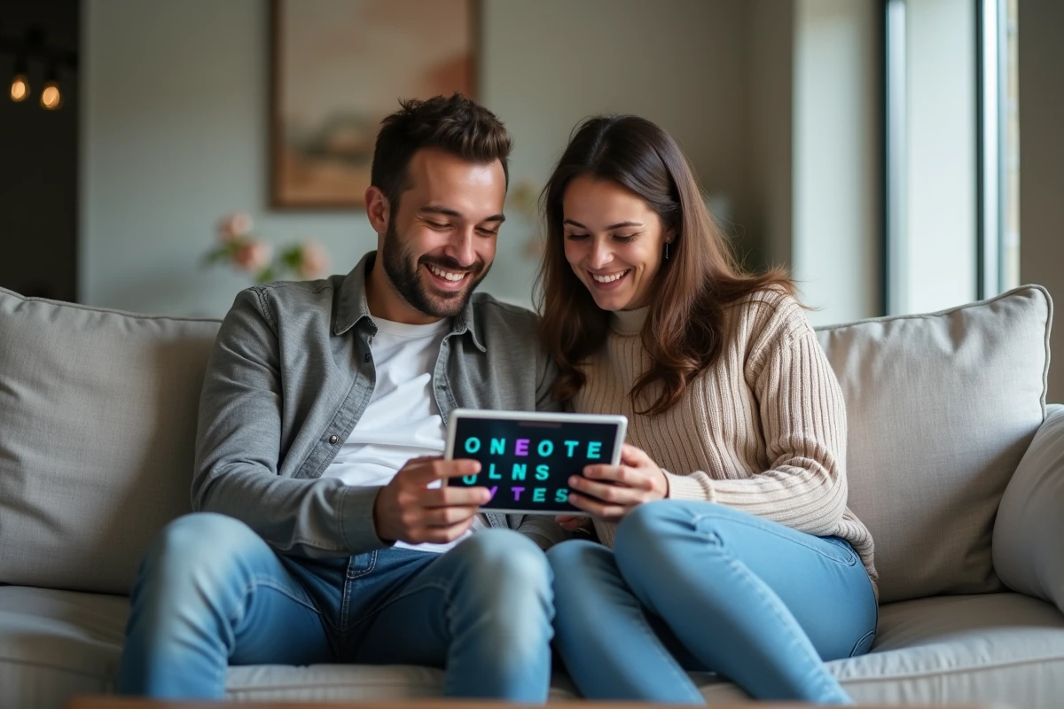 Deux amis comparant leurs scores sur un jeu sémantique type Cémantix ou Pémantix sur une tablette