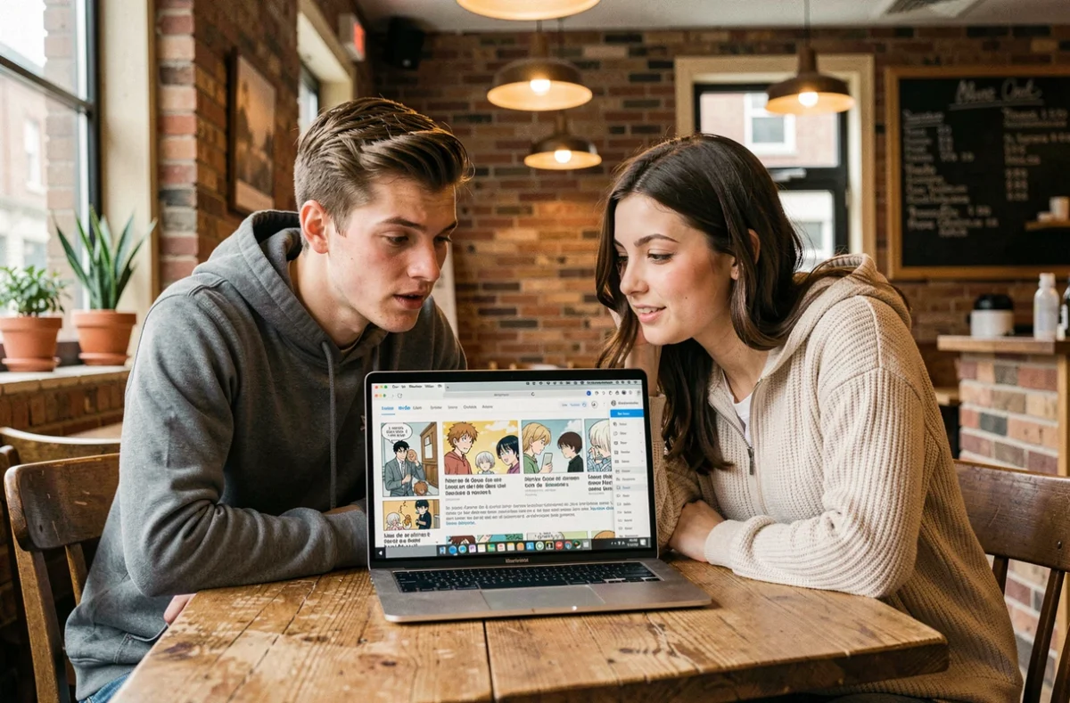 Deux amis lisant des mangas en ligne sur un ordinateur portable dans un café urbain, découvrant des alternatives légales en français