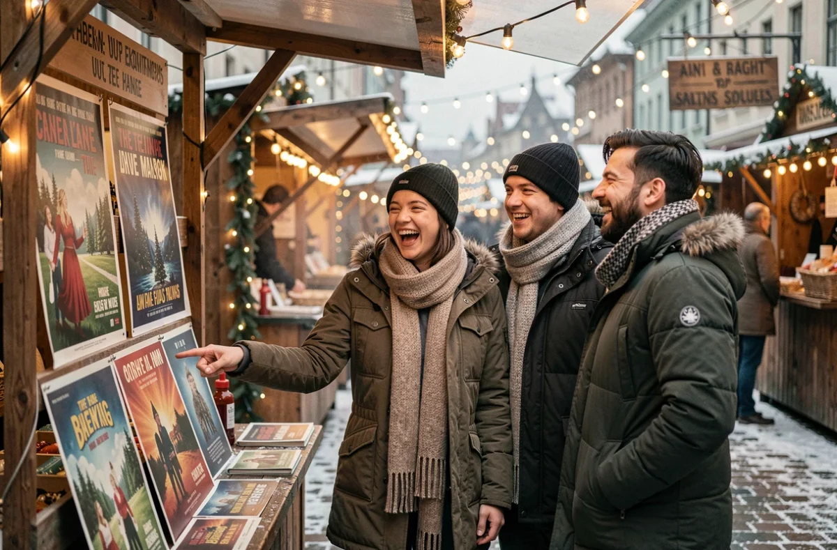 Groupe d'amis hilares devant des affiches de films de Noël cultes sur un marché de Noël enneigé en extérieur