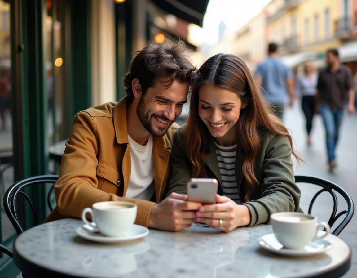 Deux amis consultant les dés gratuits Monopoly GO sur smartphone à la terrasse d'un café en ville