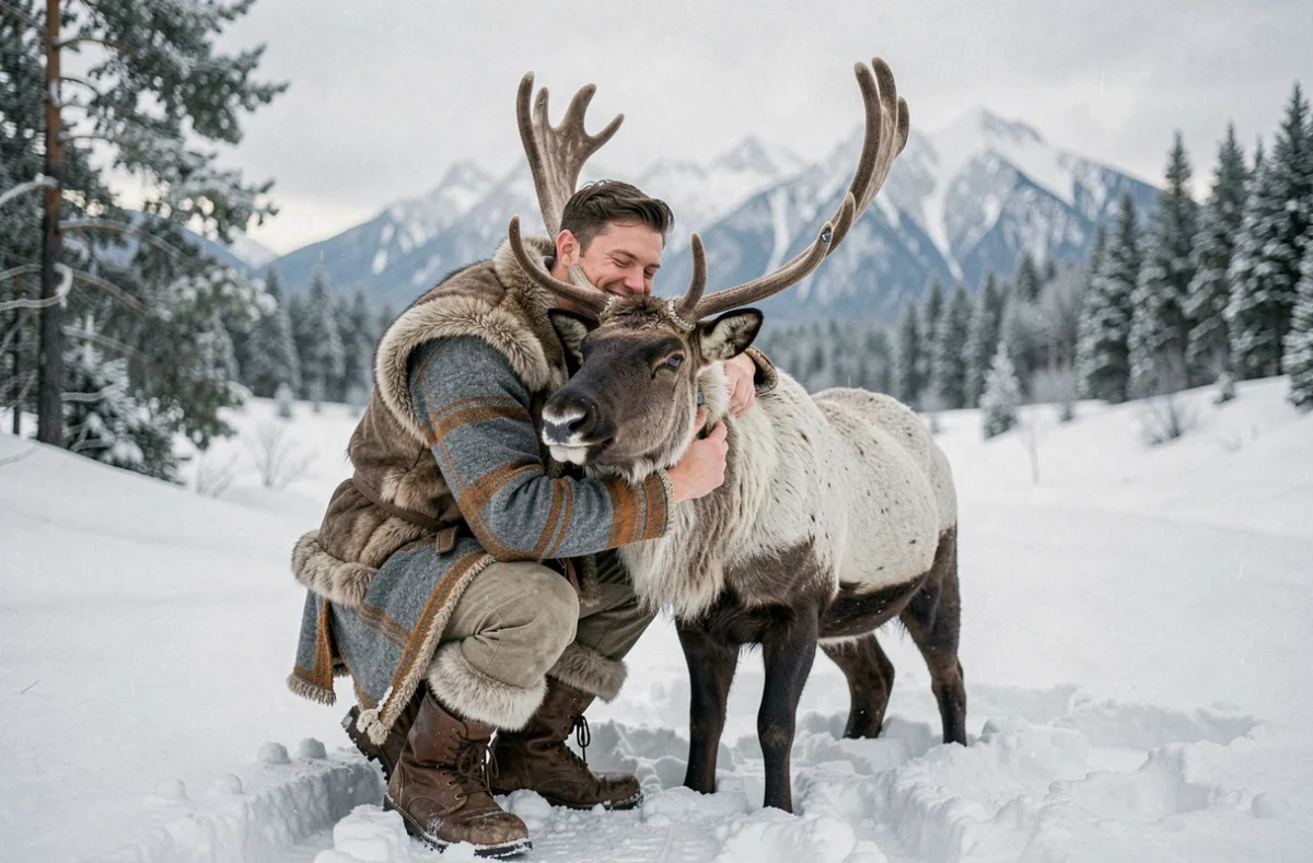 Homme en tenue nordique embrassant chaleureusement un renne aux grands bois dans un paysage enneigé scandinave, illustrant une amitié profonde entre un humain et un animal