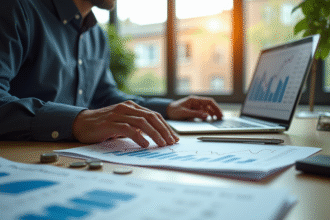 Analyste financier comparant graphiques et pièces en bureau lumineux