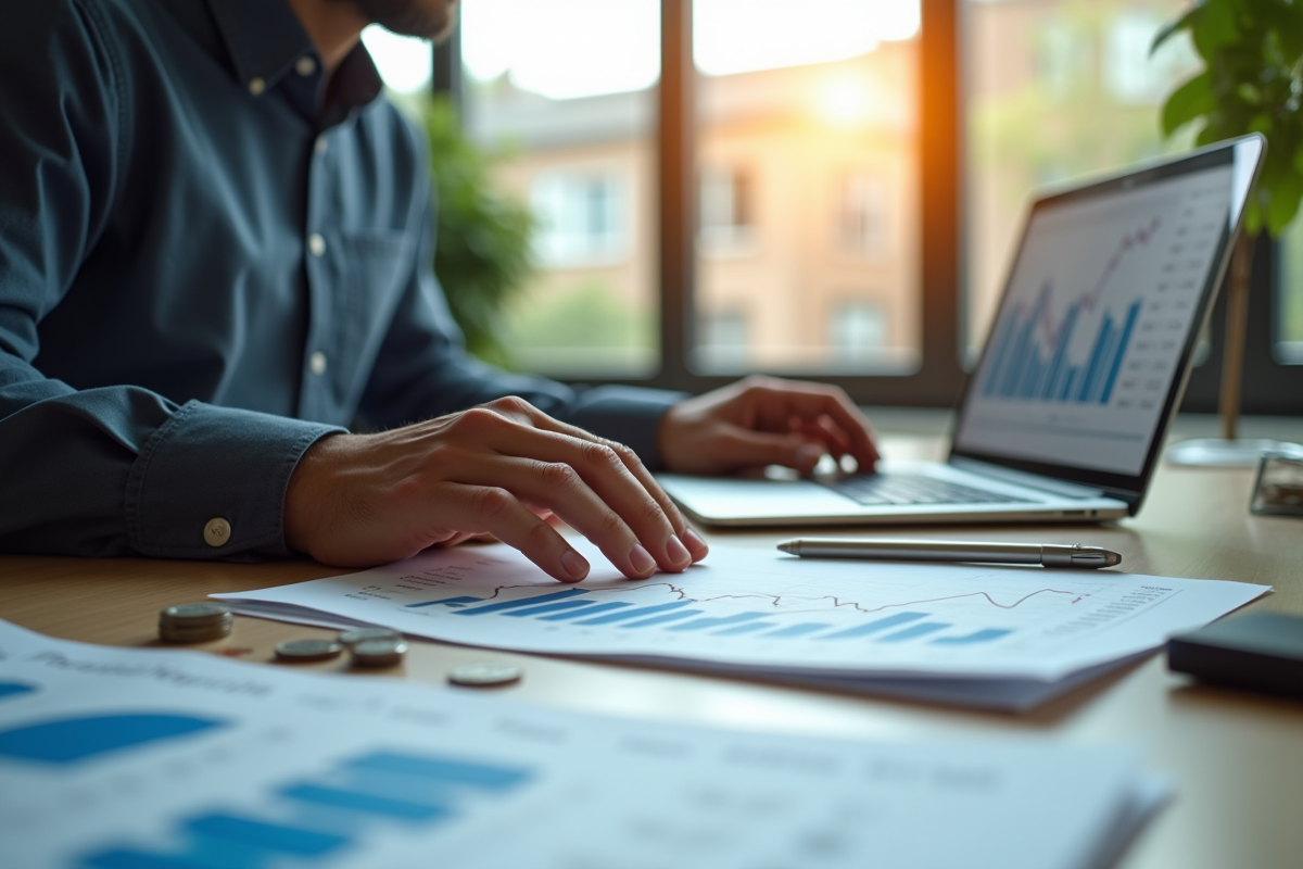 Analyste financier comparant graphiques et pièces en bureau lumineux