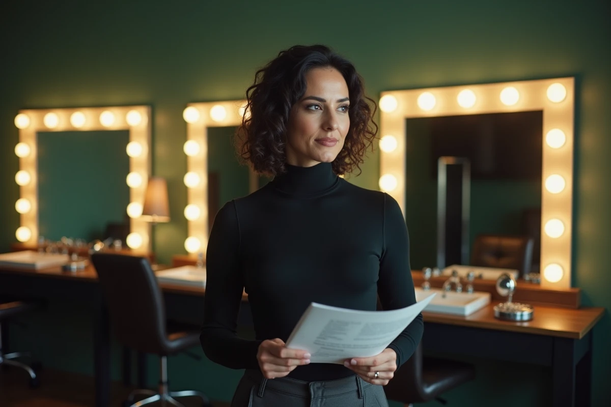 Animatrice de télévision dans les coulisses d'un studio, tenant un script et affichant un regard déterminé