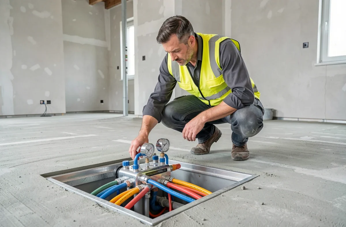 Un technicien d'APC en gilet jaune inspecte un collecteur de plancher chauffant dans une maison neuve en construction avec des tuyaux colorés et débitmètres visibles