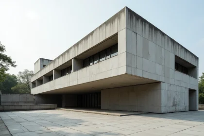 Façade en béton brut de décoffrage d'un bâtiment de style Marcel Breuer avec fenêtres en bandeaux horizontaux et volumes trapézoïdaux en porte-à-faux