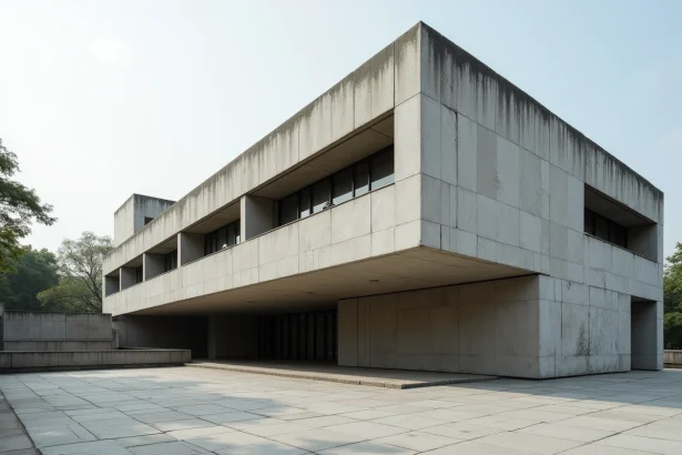 Façade en béton brut de décoffrage d'un bâtiment de style Marcel Breuer avec fenêtres en bandeaux horizontaux et volumes trapézoïdaux en porte-à-faux