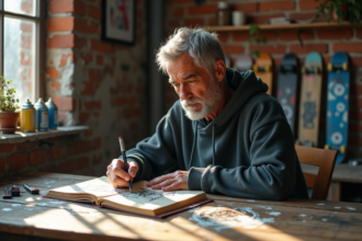 Homme moyenâgeux dessinant dans un studio d'art urbain