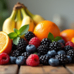 Assortiment de fruits bio sur une table en bois en lumière naturelle