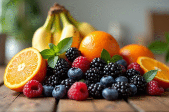 Assortiment de fruits bio sur une table en bois en lumière naturelle