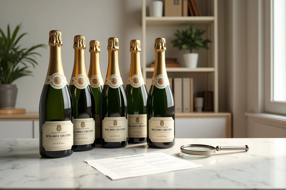 Collection de bouteilles de champagne millésimé avec document d'évaluation pour assurance sur marbre