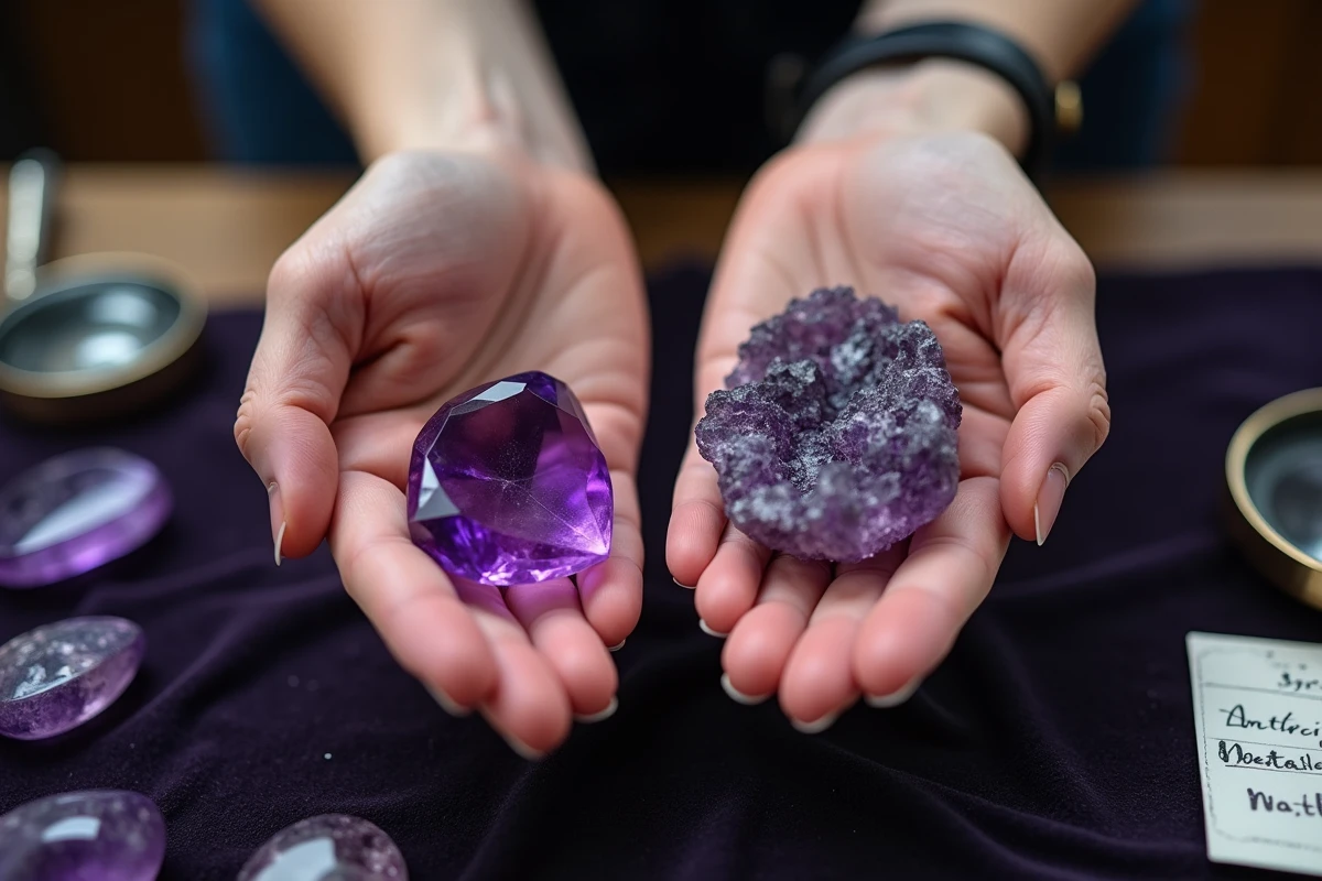 Deux mains tenant côte à côte une améthyste authentique et une pierre violette synthétique sur velours, illustrant l'importance de vérifier l'authenticité et la qualité des pierres violettes