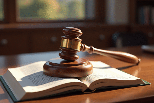 Gavel en bois sur un livre de droit dans un bureau élégant