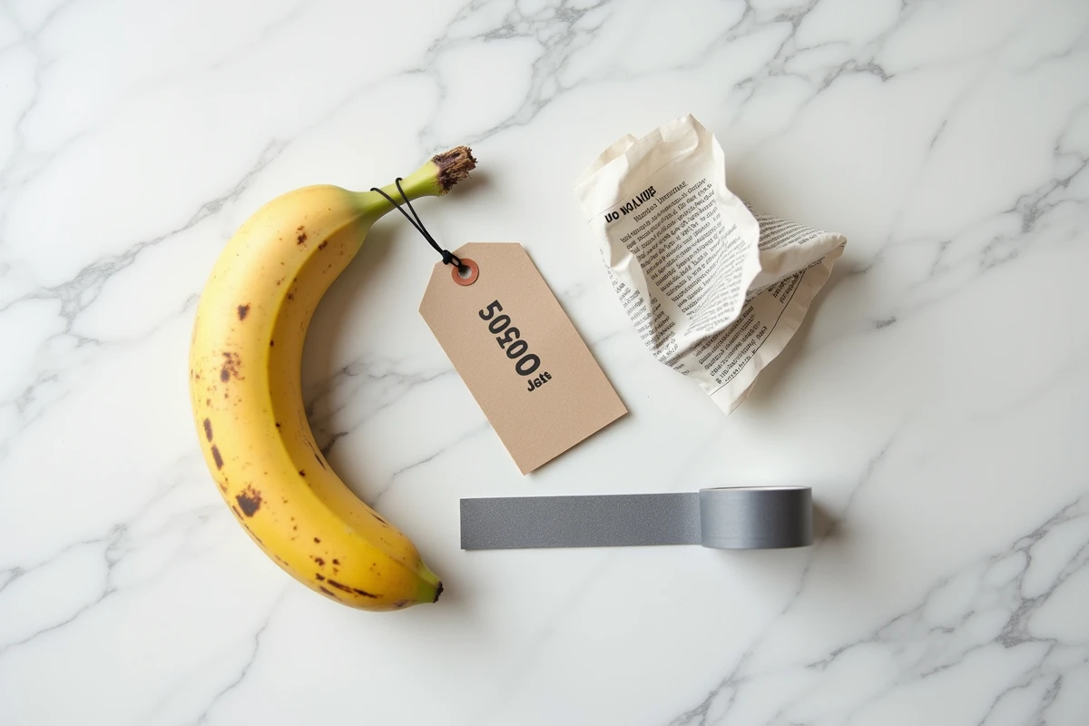 Composition à plat d'une banane mûre, d'un prix élevé et d'un article de presse sur l'art contemporain, style éditorial minimaliste.