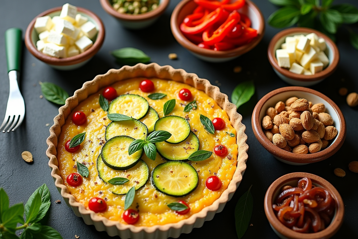 Bar à garnitures pour quiche zucchini avec ingrédients colorés
