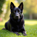 Chien berger allemand noir assis dans un jardin ensoleille