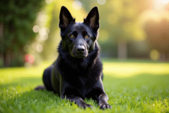 Chien berger allemand noir assis dans un jardin ensoleille