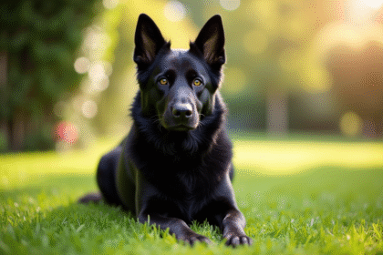 Chien berger allemand noir assis dans un jardin ensoleille