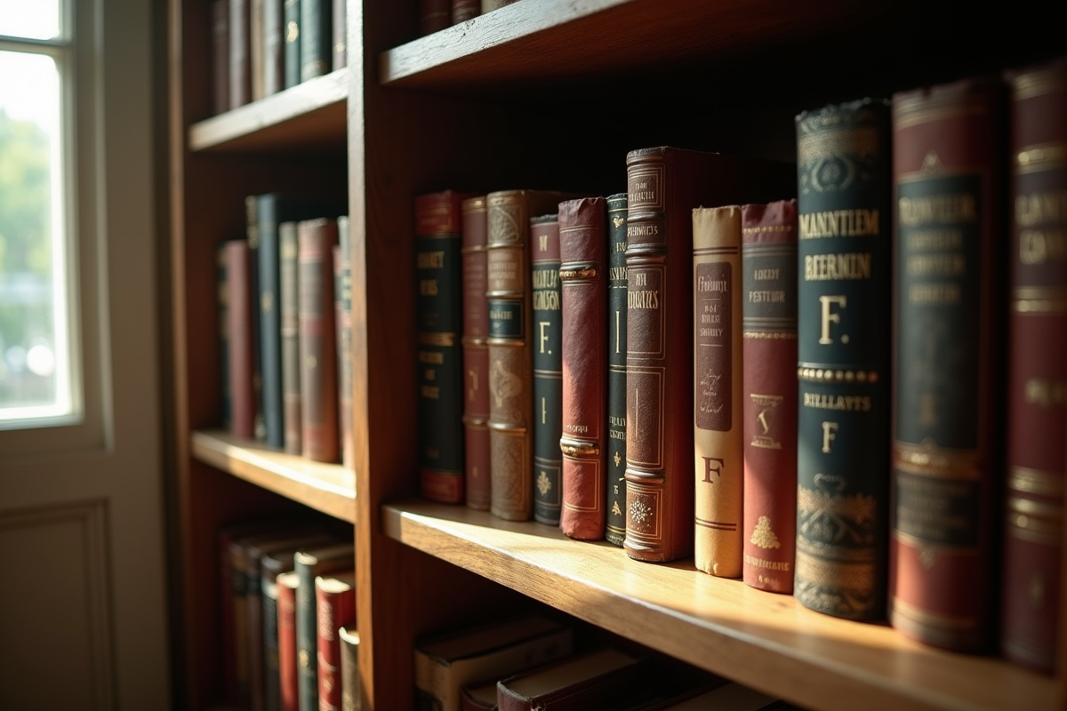 Une bibliothèque en bois remplie de romans célèbres avec des lettres F sur les dos