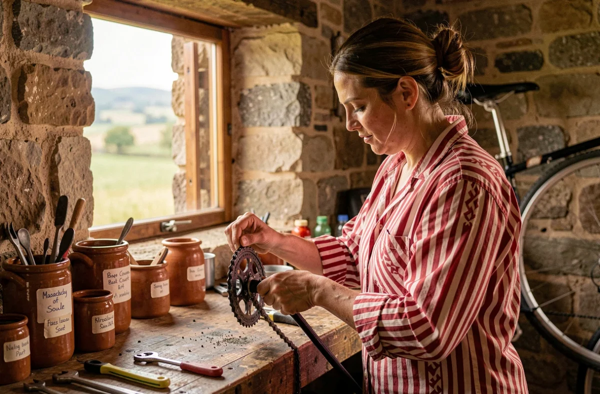 Mécanicienne réparant une chaîne de vélo dans l'atelier d'auto-réparation Bizi'kleta en Soule au Pays Basque