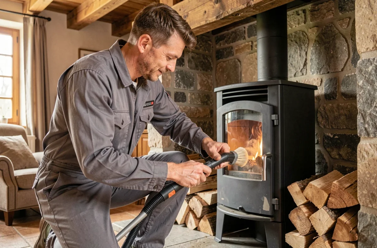 Un technicien en combinaison grise entretient un poêle à granulés dans un salon rustique français avec des poutres en bois et un foyer en pierre