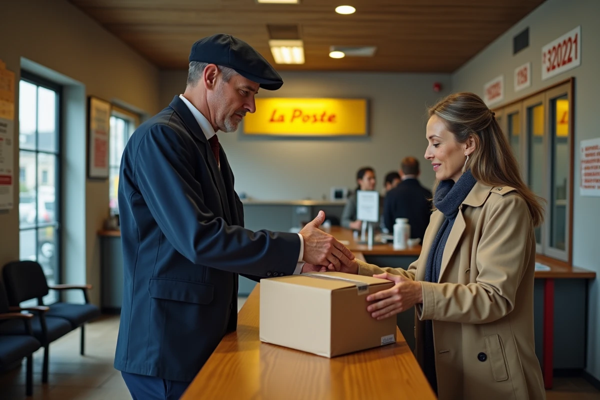 Agent de bureau de poste remettant un colis à une cliente dans un bureau La Poste en France