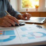 Personne travaillant à un bureau lumineux avec ordinateur et calculatrice