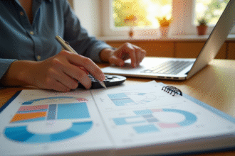 Personne travaillant à un bureau lumineux avec ordinateur et calculatrice