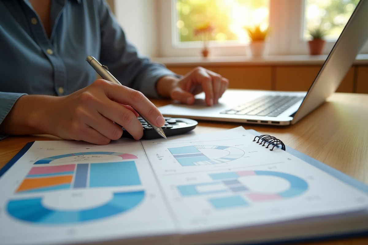 Personne travaillant à un bureau lumineux avec ordinateur et calculatrice