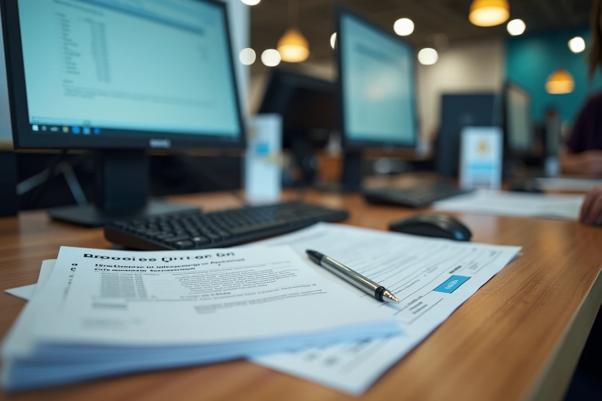 Bureau d'accueil d'un cybercafé avec documents de règles de dépôt posés sur le comptoir