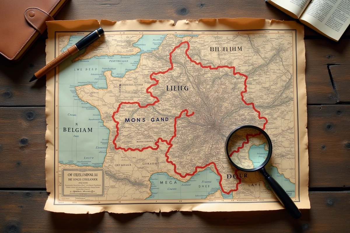 Carte vintage de la Belgique avec villes de quatre lettres annotées à la main sur une table en chêne