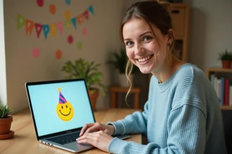 Femme personnalisant une carte virtuelle d'anniversaire avec smiley rigolo sur un ordinateur portable