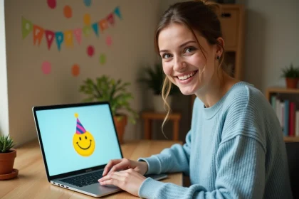 Femme personnalisant une carte virtuelle d'anniversaire avec smiley rigolo sur un ordinateur portable