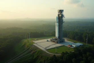 Vue du pas de tir du Centre Spatial Guyanais à Kourou avec une fusée sur le pas de lancement entourée de végétation tropicale