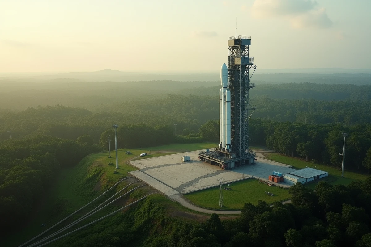 Vue du pas de tir du Centre Spatial Guyanais à Kourou avec une fusée sur le pas de lancement entourée de végétation tropicale