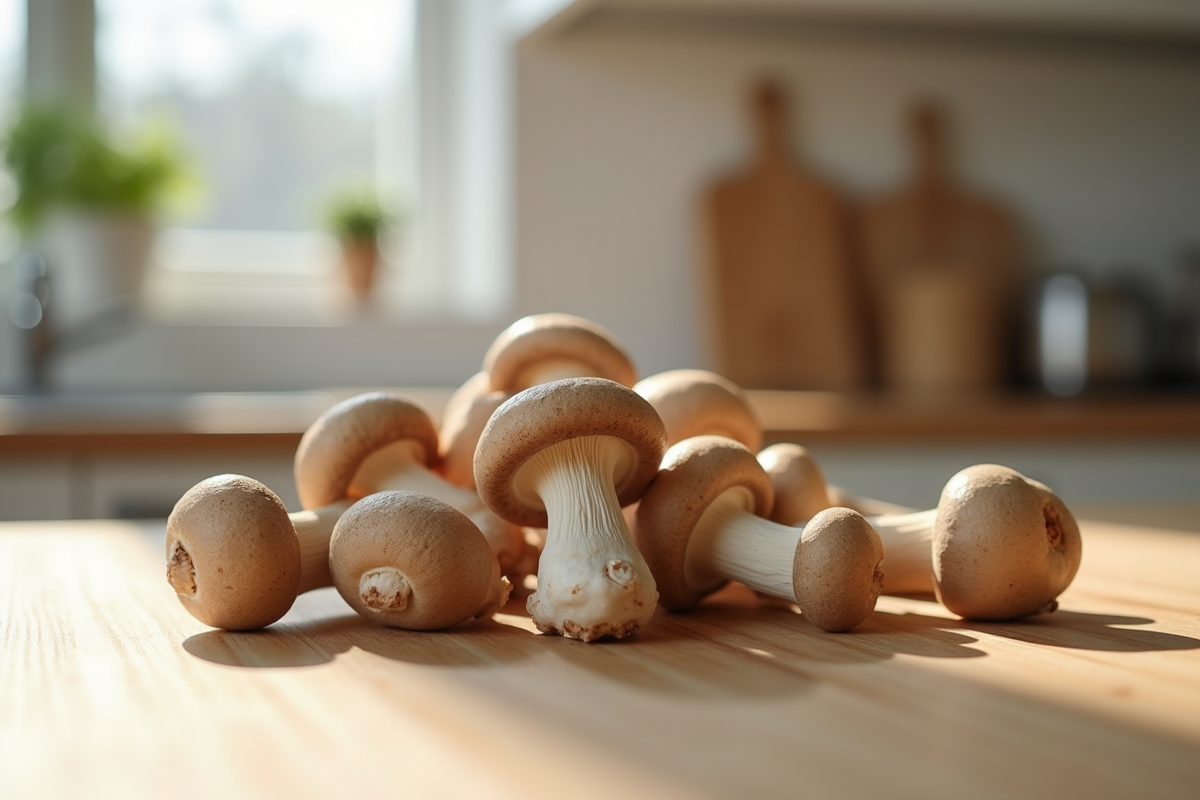 Champignons girolle grise fraîchement récoltés sur plan de travail