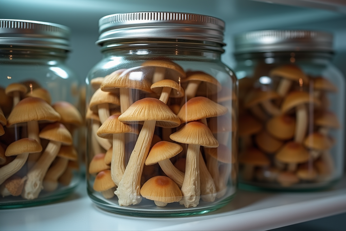 Champignons girolle grise rangés dans un bocal au réfrigérateur