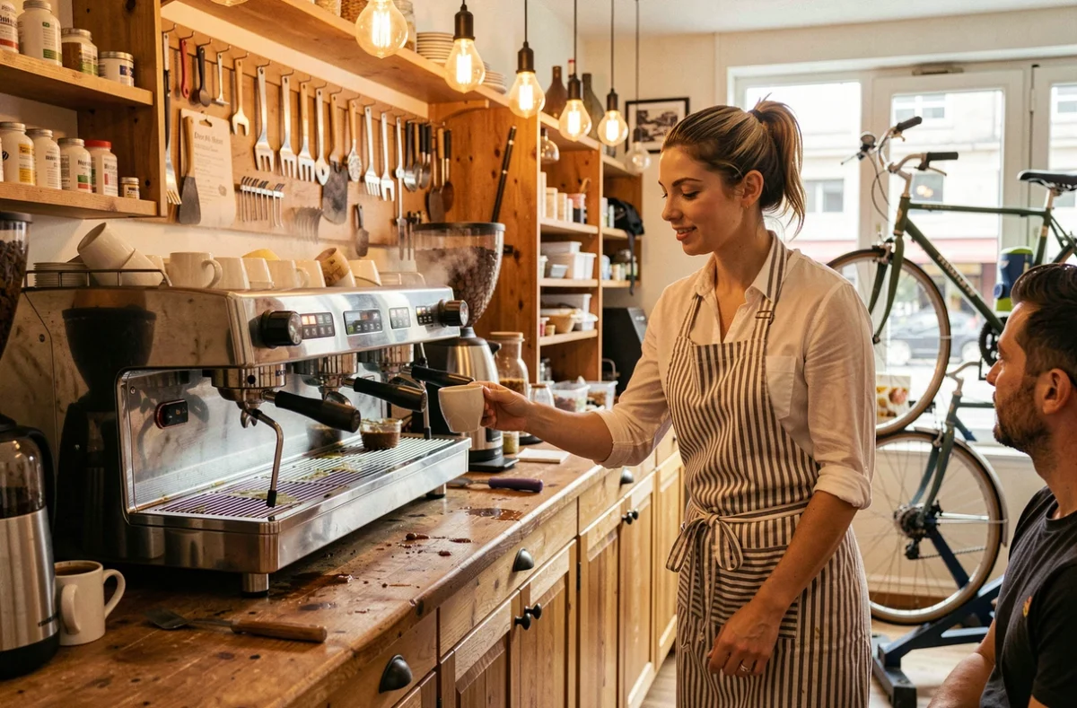 Barista-mécanicienne servant un café dans l'espace Coffee And Bicyclette, café-atelier vélo à Bordeaux