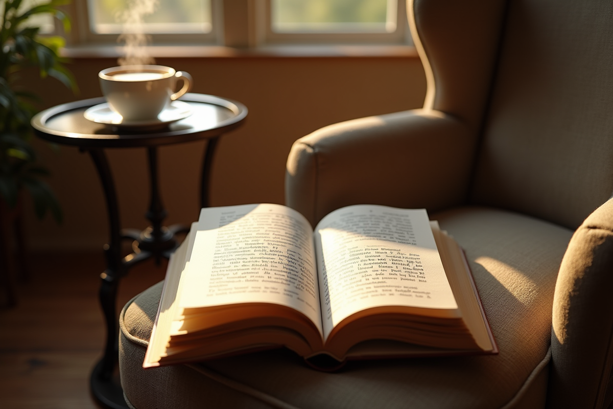Un coin lecture avec un livre ouvert sur un fauteuil et une tasse de café
