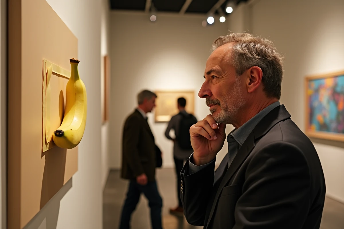 Un collectionneur d'art contemplatif observant une banane accrochée au mur d'une galerie, expression pensive et amusée.