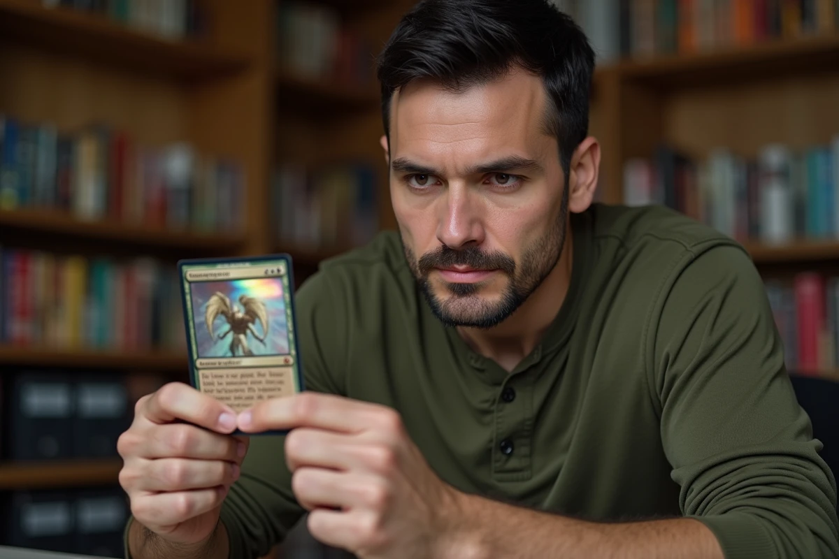 Collectionneur examinant une carte Magic foil de Secret Lair à fort potentiel de valeur