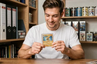 Collectionneur tenant une carte Pokémon gradée dans un étui PSA à son bureau, évaluant sa valeur de certification