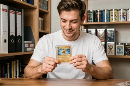 Collectionneur tenant une carte Pokémon gradée dans un étui PSA à son bureau, évaluant sa valeur de certification