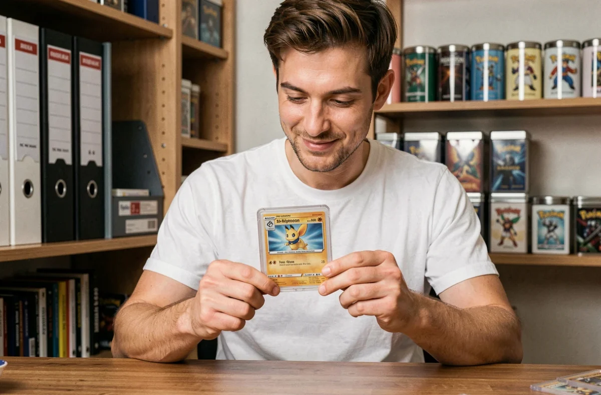 Collectionneur tenant une carte Pokémon gradée dans un étui PSA à son bureau, évaluant sa valeur de certification